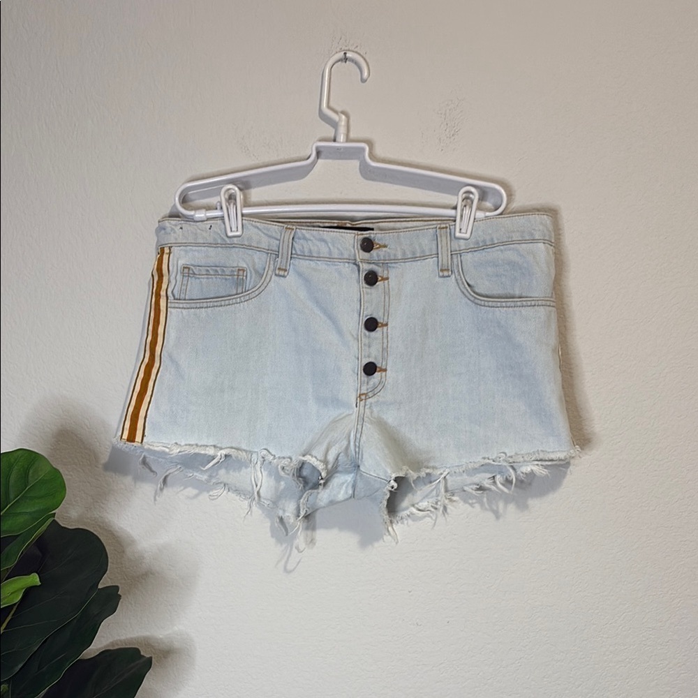 Veronica Beard Distressed Light Blue Jean Shorts with Stripe 9 inch Debbie